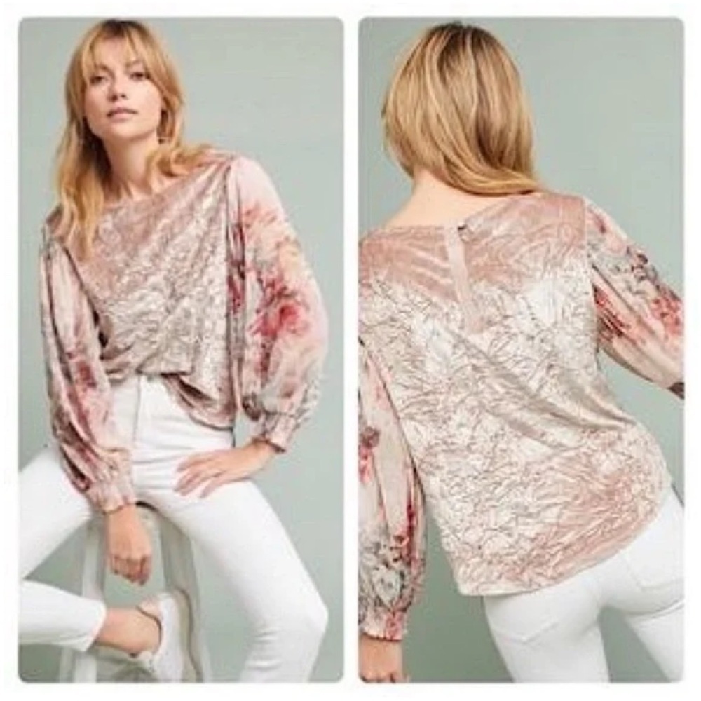 Anthropologie Meadow Rue Crushed Velvet Floral Sleeve Blouse Blush Pink Size XS